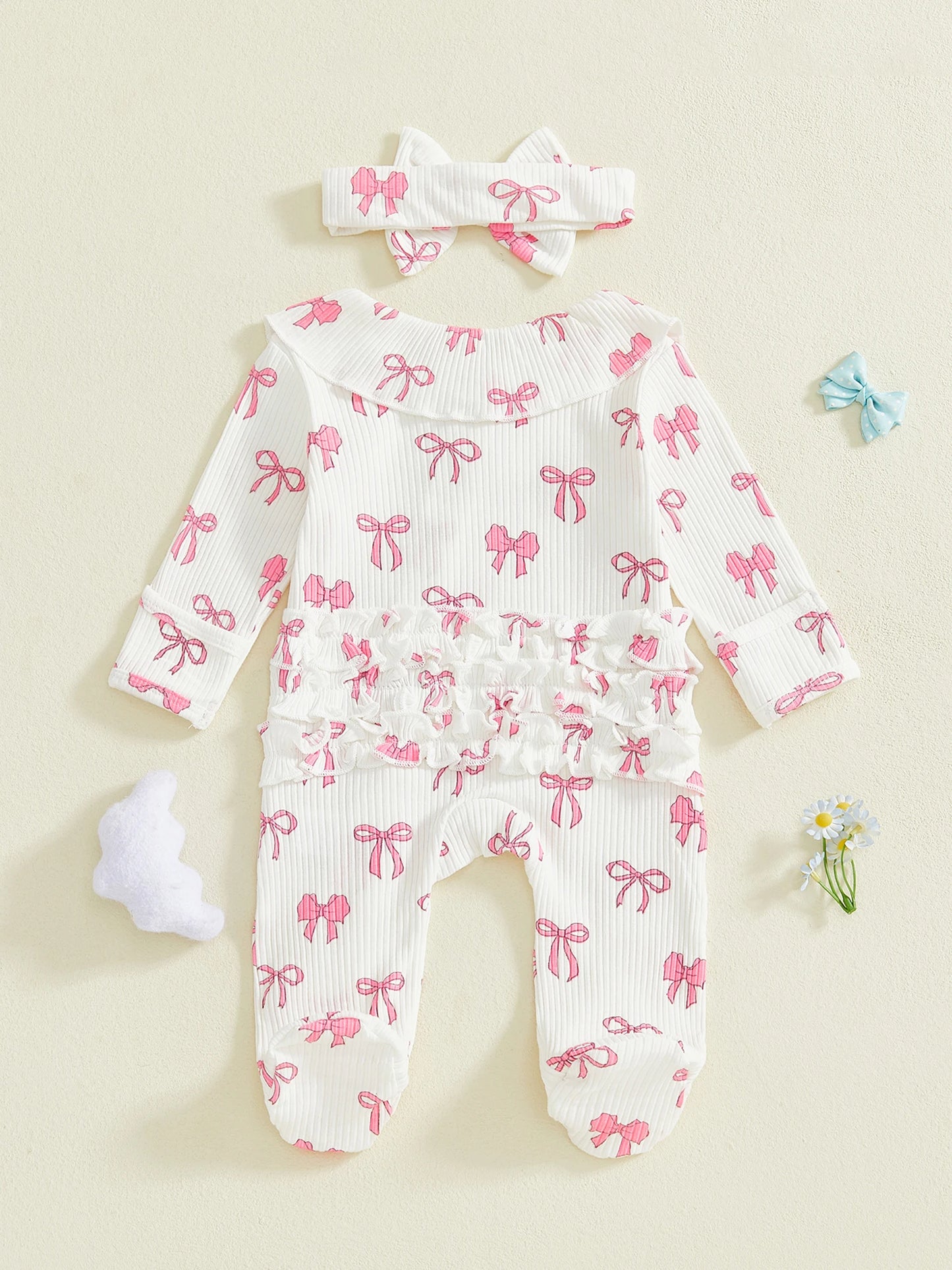 Baby Girls 2Pcs Set Long Sleeve Round Neck Bow Print Romper with Matching Bow Headband for a Stylish Look