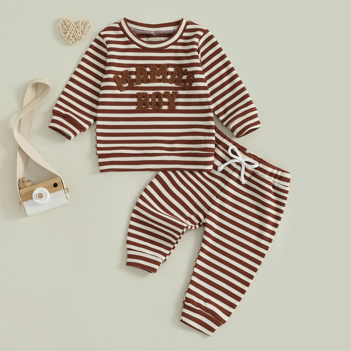 Baby Toddler Boys 2Pcs Mama's Boy / Little Dude Waffle Outfit Letter Embroidery Striped Long Sleeve Top and Elastic Pants Set