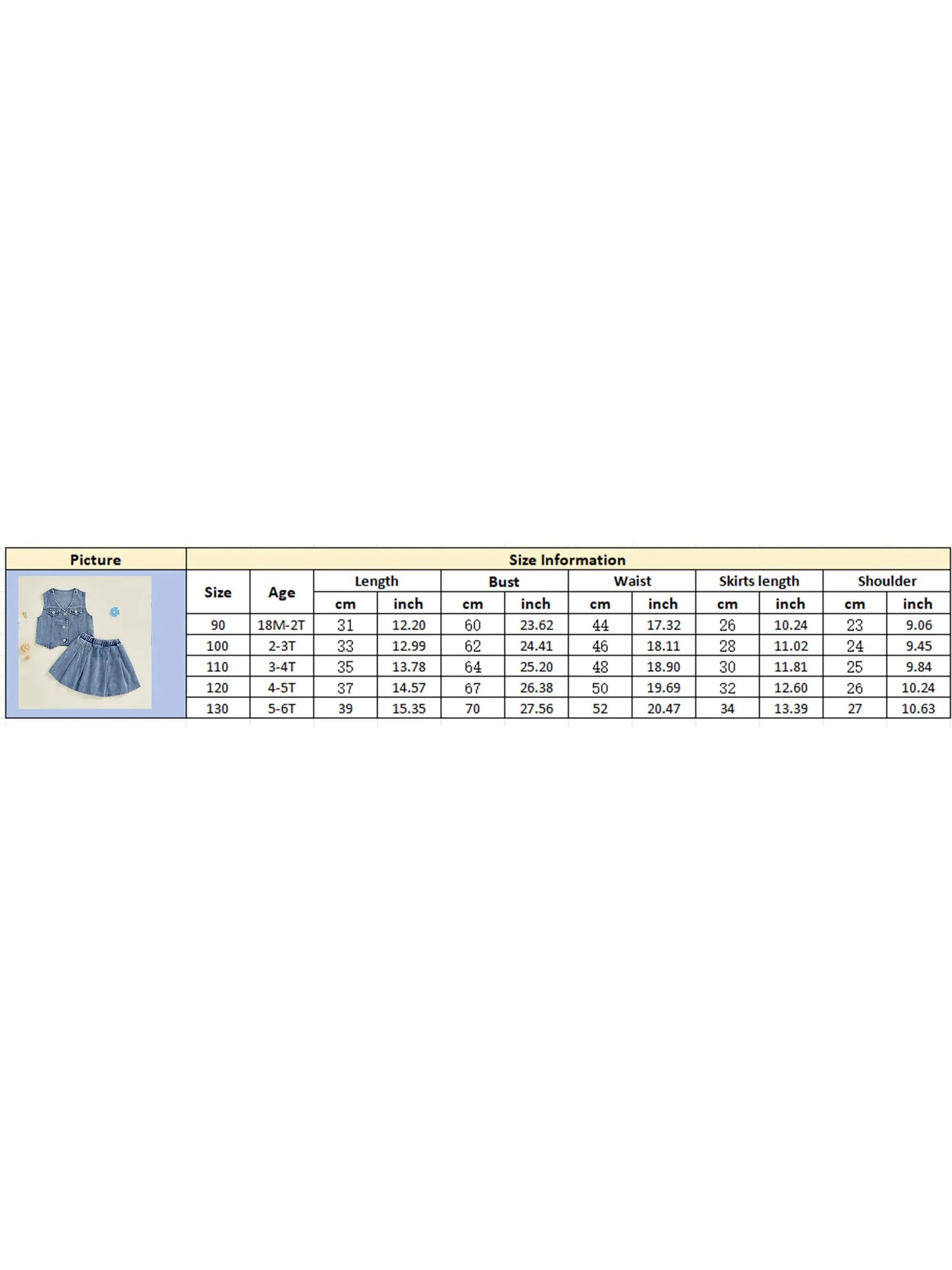 Toddler Kids Girls 2Pcs Denim Set Solid Color V-Neck Button Down Vest and Pleated Skirt 2 Piece Outfit