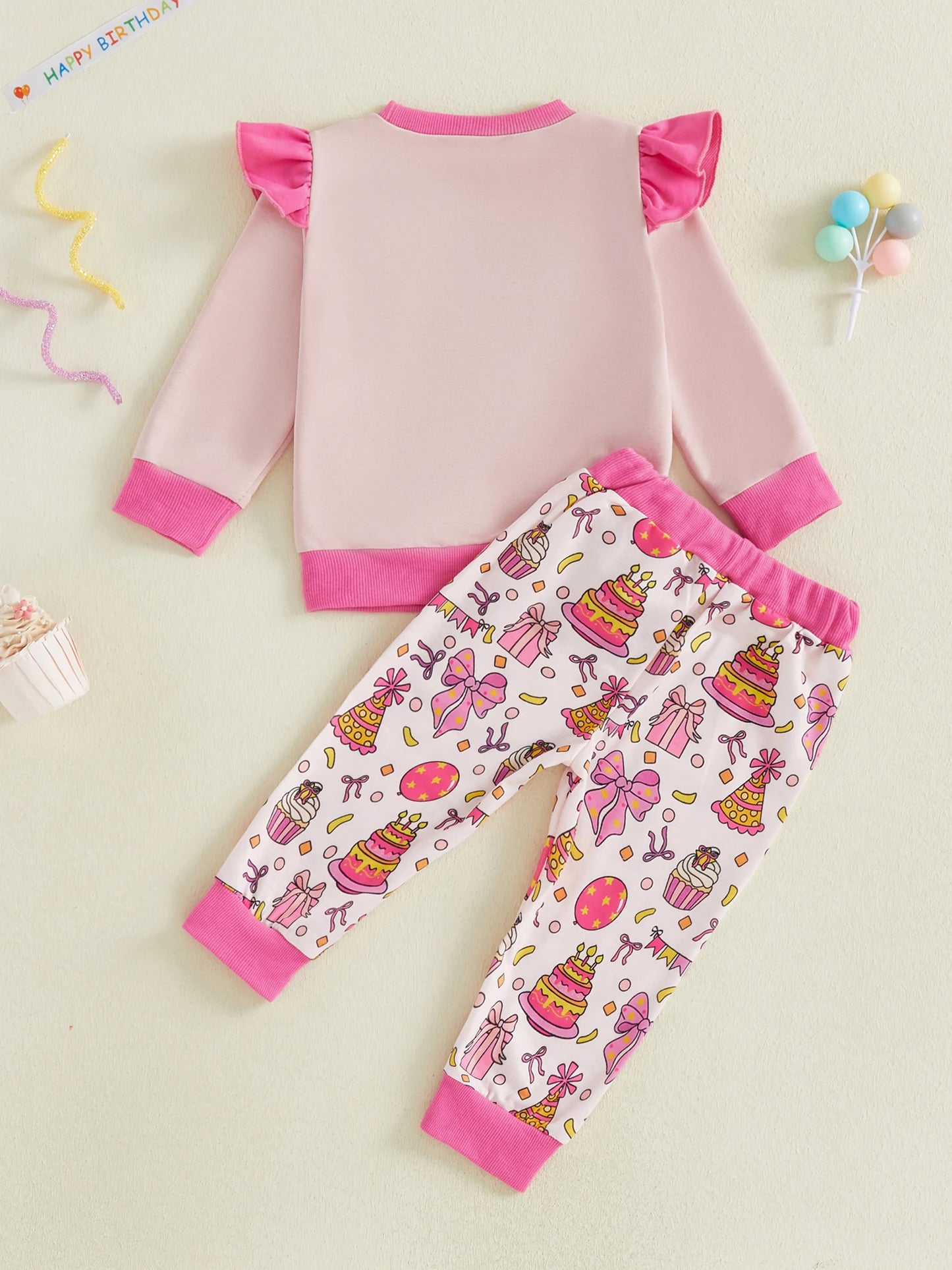 Baby Toddler Girls 2Pcs Birthday Girl Pants Set Long Sleeve O Neck Letter Embroidery Top Cake Balloon Print Pants Jogger Set