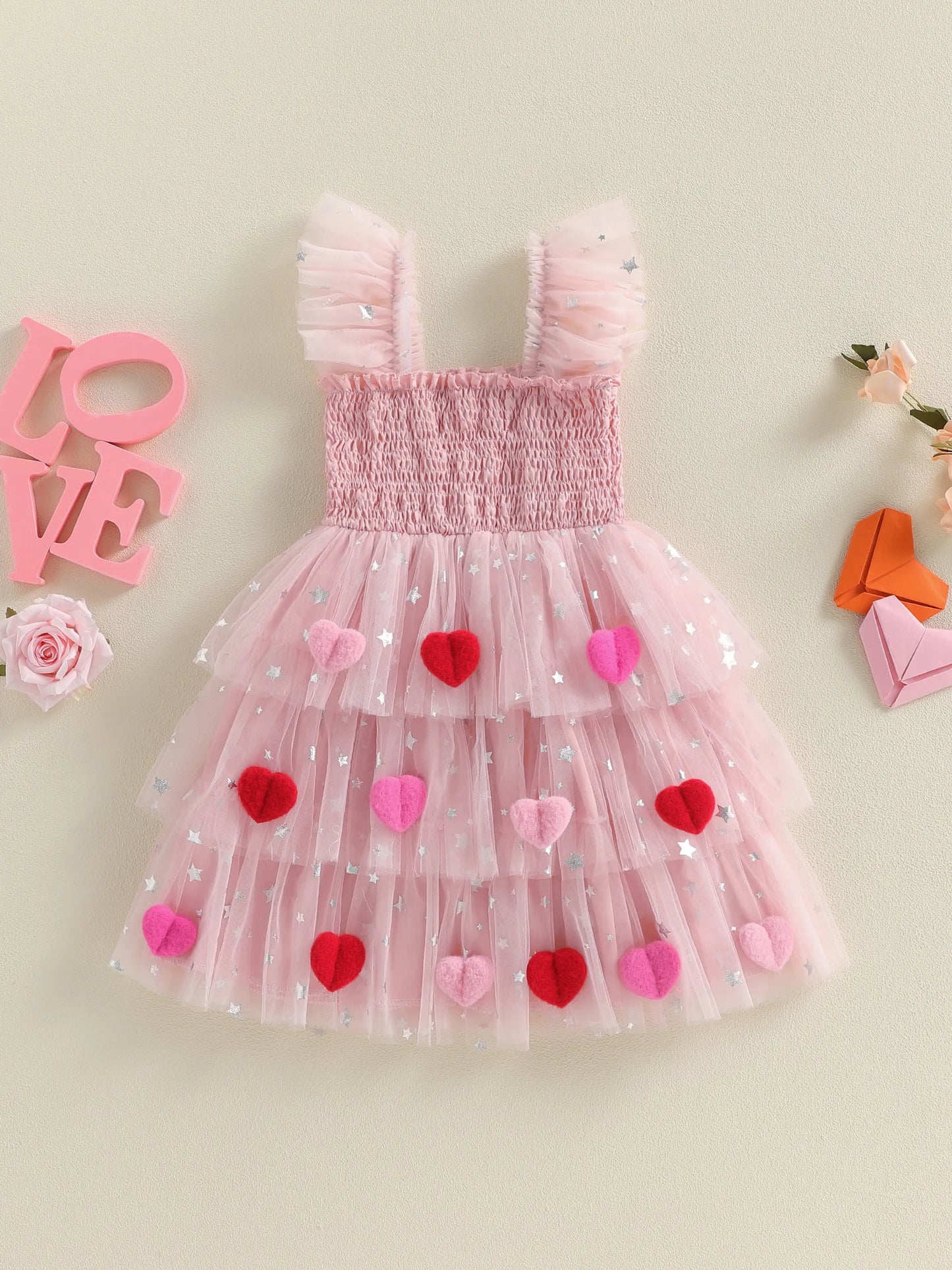 Baby Toddler Kids Girls Valentine's Day Tutu Dress Heart Decorated Sleeveless Square Neck Tulle Layered Dress