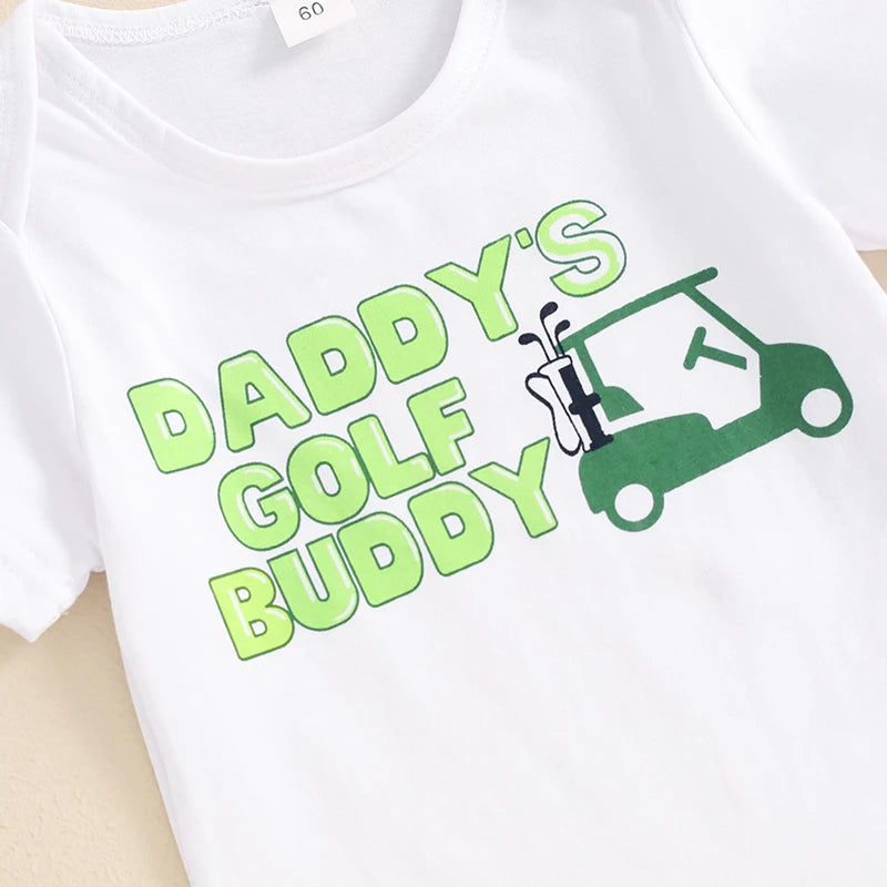 Baby Boys 3Pcs Outfit Daddy's Golf Buddy / It's In My DNA Letters Print Short Sleeve Romper Golf Cart Print Pants and Hat Infant Clothes Set