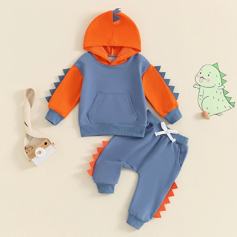 Baby Toddler Boys 2Pcs Dinosaur Outfit Contrast Color Long Sleeve Hoodie Top Elastic Waist Pants Set