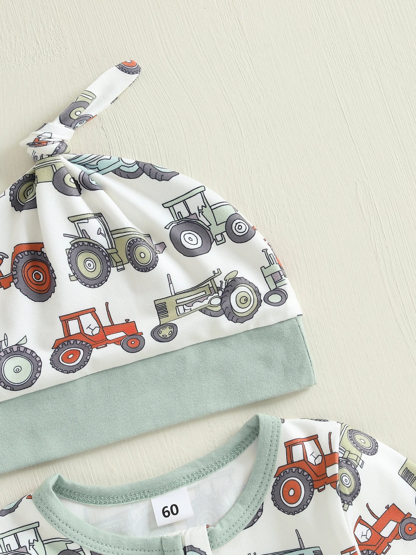 Baby Boys 2Pcs Fall Footed Romper Cute Tractor Pattern Round Neck Long Sleeve Zipper Jumpsuit with Hat Set