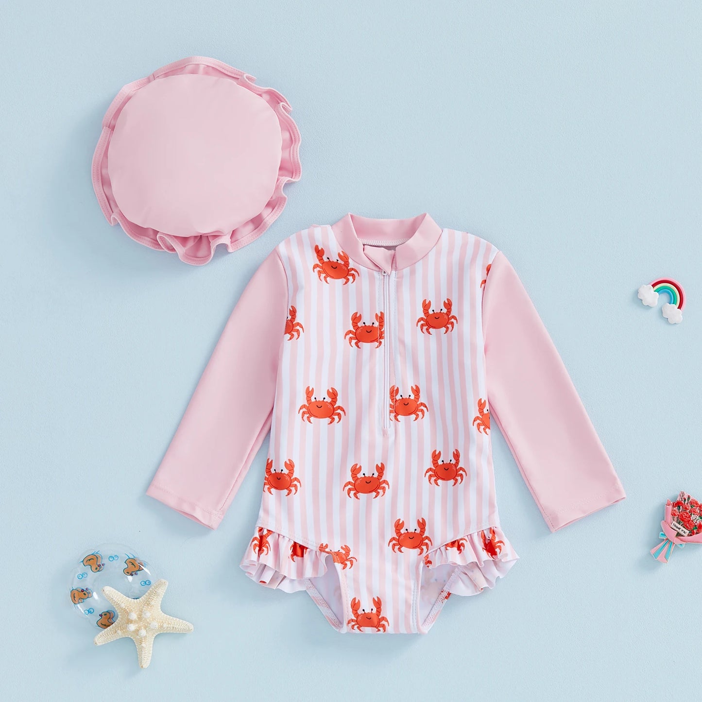 Baby Toddler Girls 2Pcs Rash Guard Swimsuit Long Sleeve Lobster Crab Print Ruffled Swimwear for Beach Set