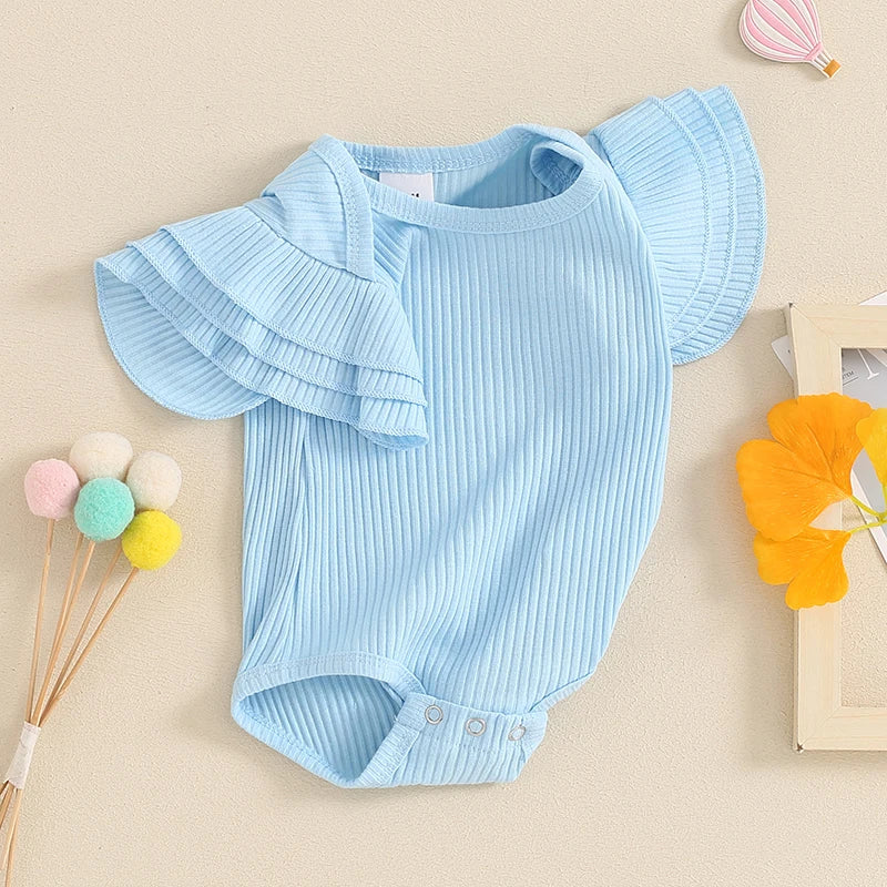 Baby Girl Summer Clothes Ribbed Plain Ruffle Sleeve Short Sleeve Bodysuit Rib Knit Romper