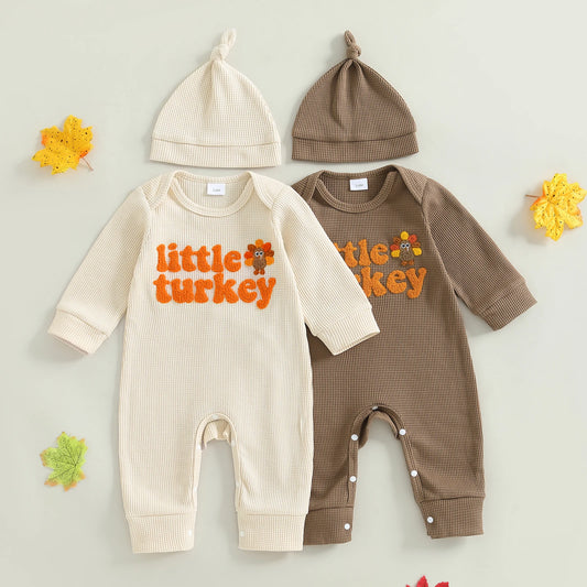 Baby Boys Girls 2Pcs Little Turkey Thanksgiving Outfit Long Sleeve Crew Neck Letter Turkey Embroidery Full Length Romper with Hat Set
