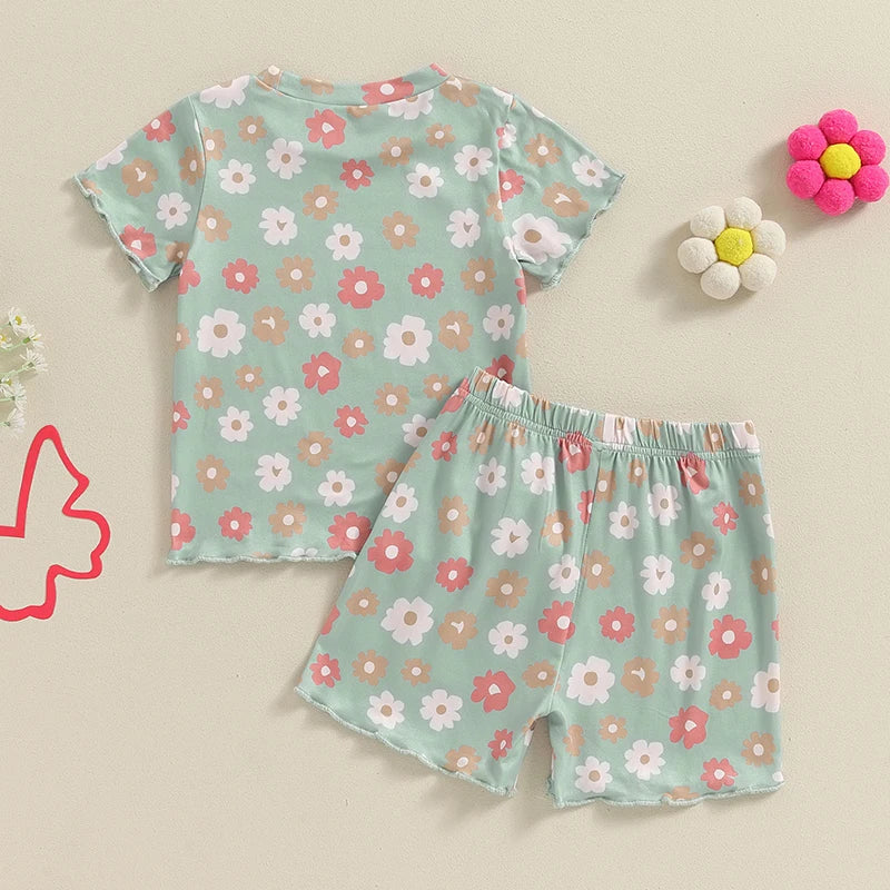 Baby Toddler Girls 2Pcs Flowers Short Sleeve O Neck Floral Print Top Matching Shorts Set Outfit