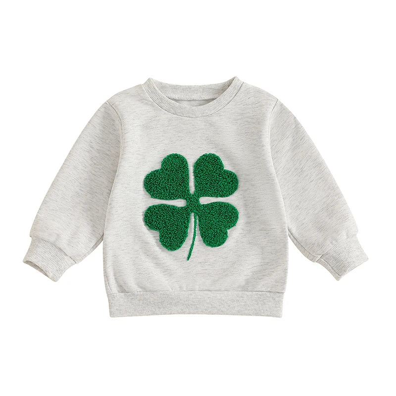 Baby Toddler Girl Boy St. Patrick's Day Casual Four Leaf Clover Shamrock Embroidery Long Sleeve Crewneck Top