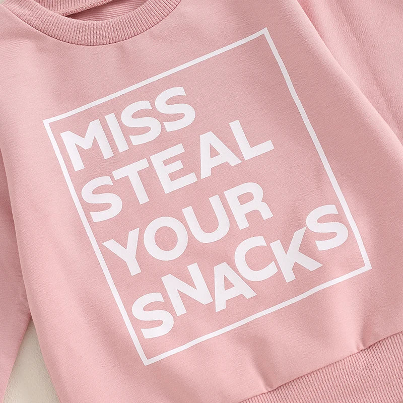 Baby Toddler Girls 2Pcs Fall Outfit Miss Steal Your Snacks Letter Print Long Sleeve Crewneck Top and Elastic Waist Pants Set