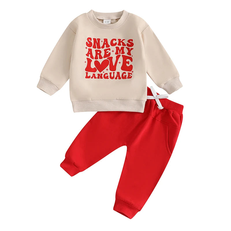 Baby Toddler Boys Girls 2Pcs Snacks Are My Love Language Valentine's Day Outfit Letter Print Long Sleeve Top and Elastic Pants Jogger Set Valentines