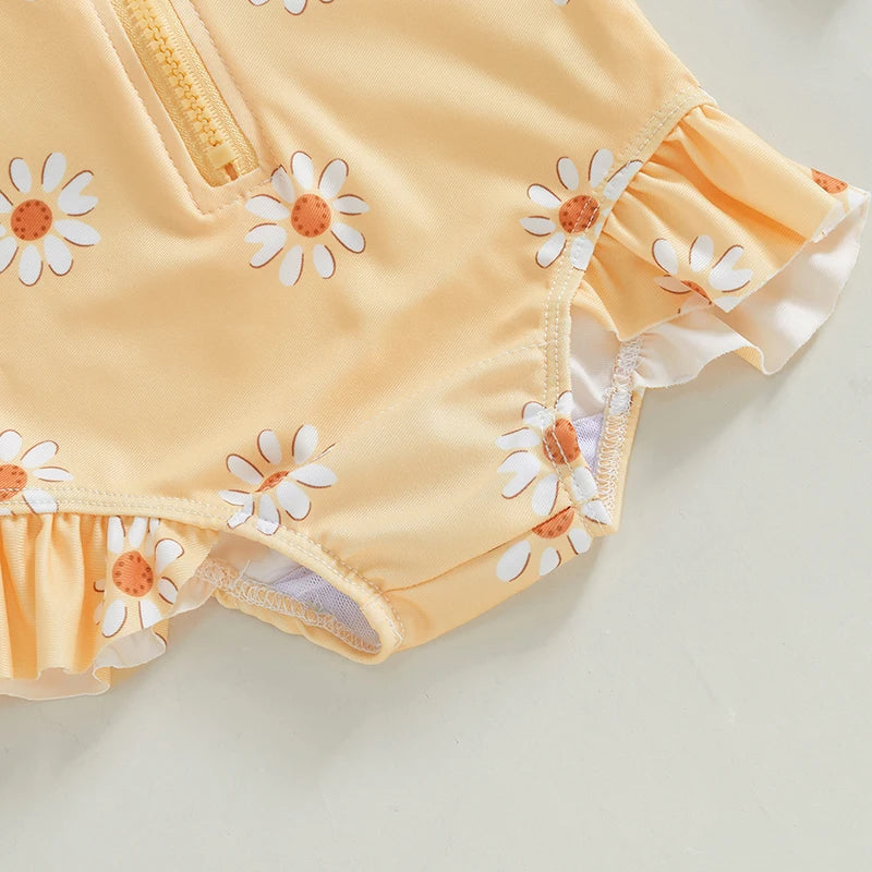 Baby Toddler Girls 2Pcs Swimsuit Daisy Flower Print Long Sleeve Round Neck Swimwear Front Zipper Bathing Suit and Hat Set