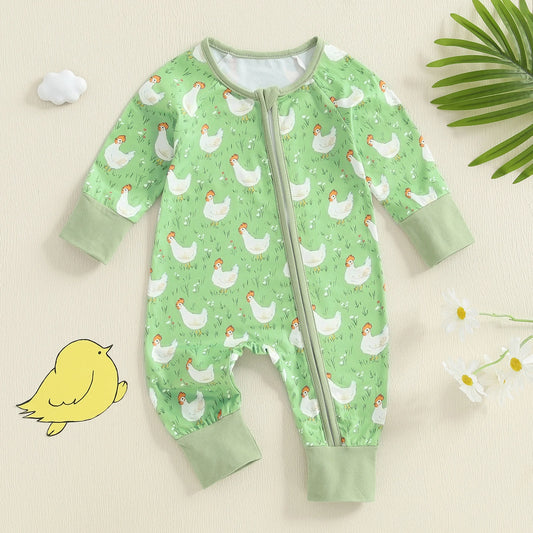 Baby Girl Boy Chicken Print Jumpsuit Long Sleeve Round Neck Zipper Romper