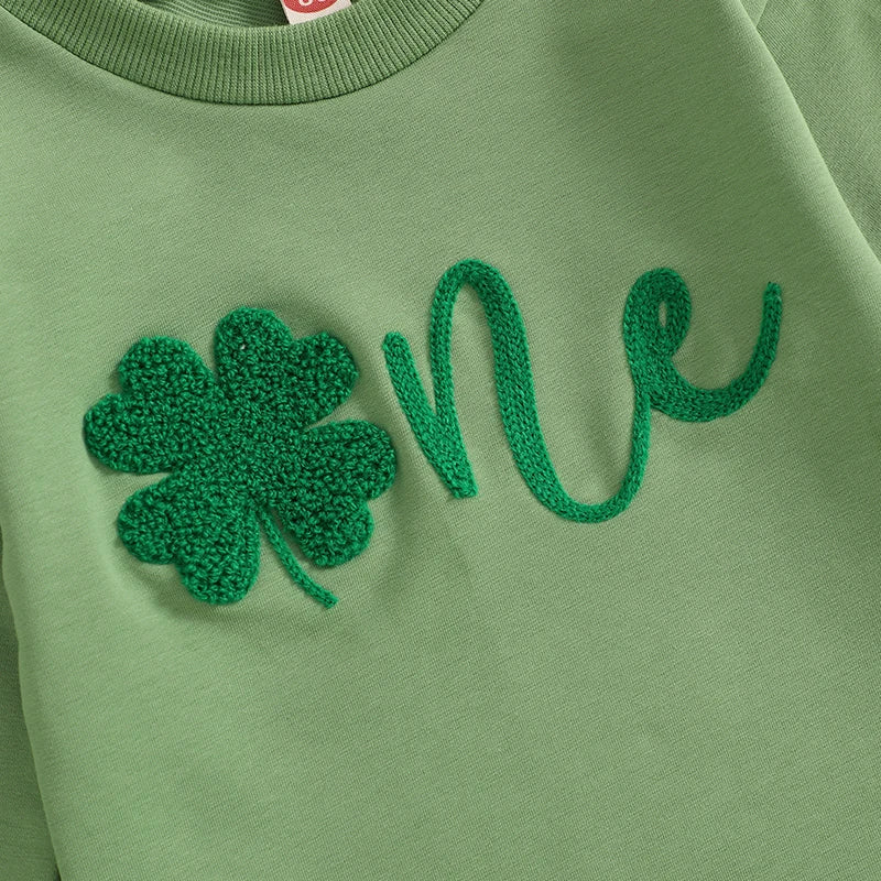 Baby Boys Girls One Spring St. Patrick's Day Birthday Romper Letter Shamrock Embroidery Long Sleeve O-Neck Bubble Jumpsuit