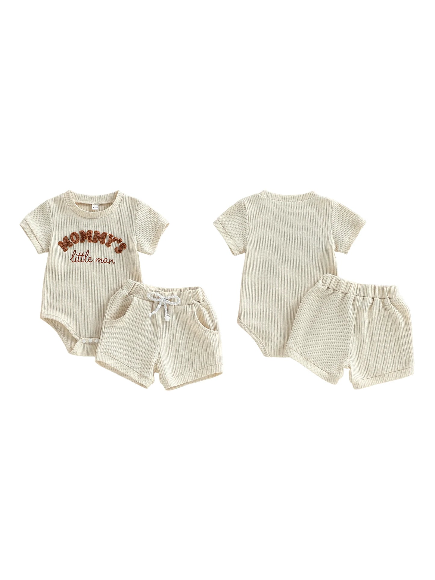 Baby Boy 2Pcs Mommy's Little Man Summer Outfit Letter Embroidery Short Sleeve Crew Neck Romper Solid Elastic Waist Shorts 2 Piece Set