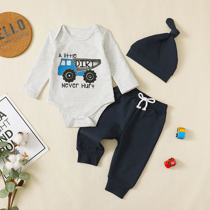 Baby Boys 3Pcs Fall Outfit A Little Dirt Never Hurt Tractor Print Long Sleeve Romper and Elastic Pants Beanie Hat Set