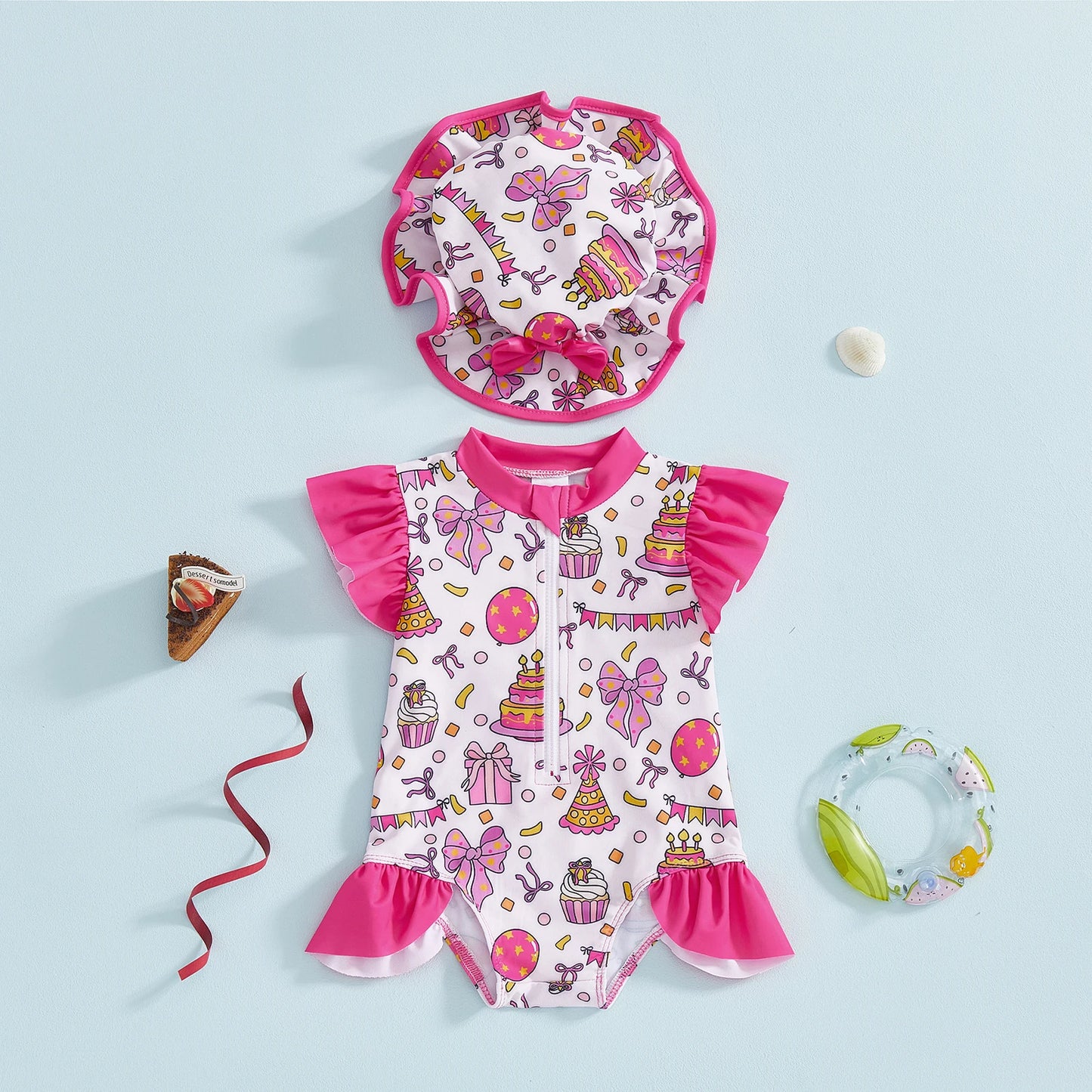 Baby Toddler Girls 2Pcs Swimsuit Set Bow Cake Birthday Print Flying Sleeve Zip-up Bathing Suit with Hat Outfit