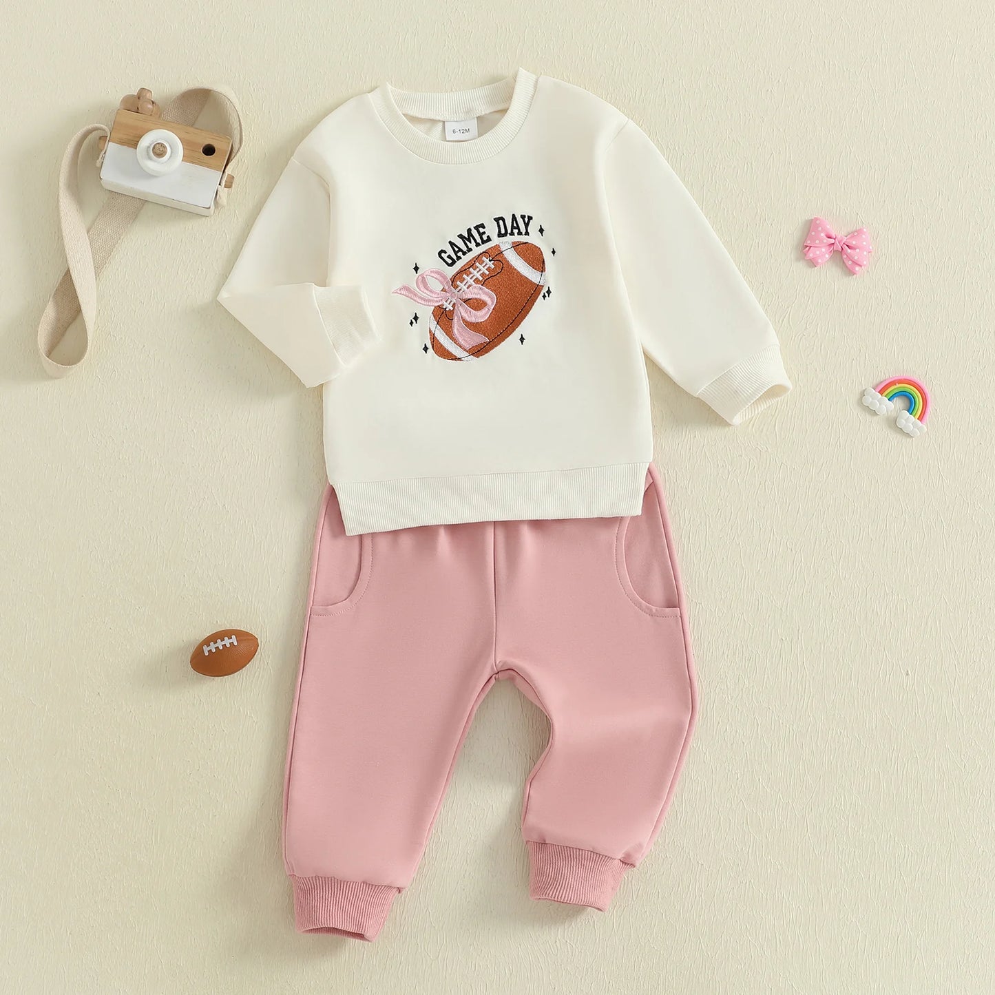 Baby Toddler Girls 2Pcs Game Day Fall Outfits Long Sleeve Bow Football Embroidery Top Jogger Pants Set Clothes