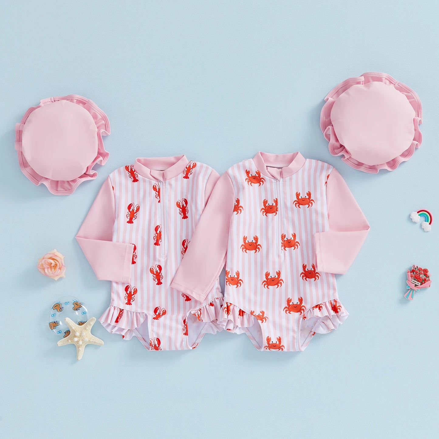 Baby Toddler Girls 2Pcs Rash Guard Swimsuit Long Sleeve Lobster Crab Print Ruffled Swimwear for Beach Set