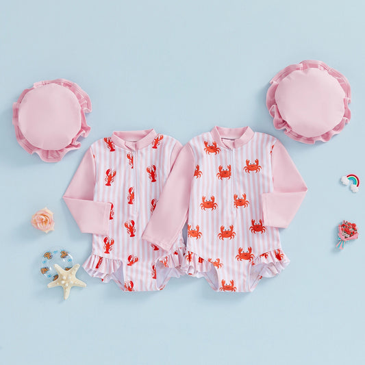 Baby Toddler Girls 2Pcs Rash Guard Swimsuit Long Sleeve Lobster Crab Print Ruffled Swimwear for Beach Set