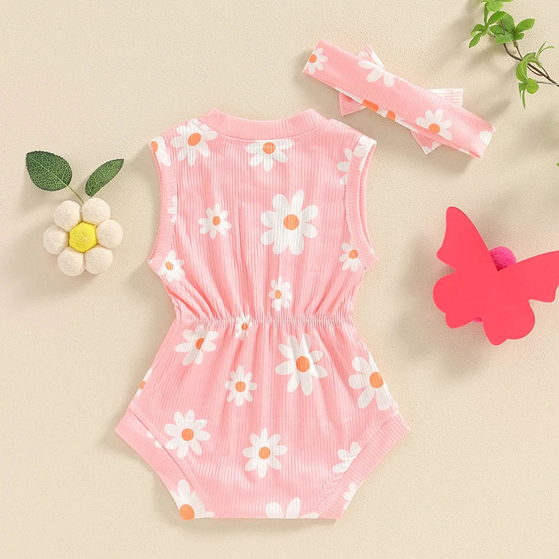 Baby Girls 2Pcs Rompers Daisy Print Round Neck Sleeveless Tank Top Bodysuit Summer Clothes with Headband