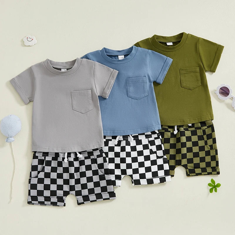 Baby Toddler Boys 2Pcs Summer Outfit Solid Color Short Sleeve Top T-Shirt Checkered Shorts Set