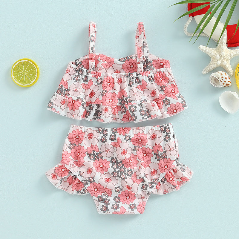Baby Toddler Girls 2Pcs Bikini Sets Scale/Shell/Floral Print Sleeveless Tank Top and Bottoms Bathing Suit Set