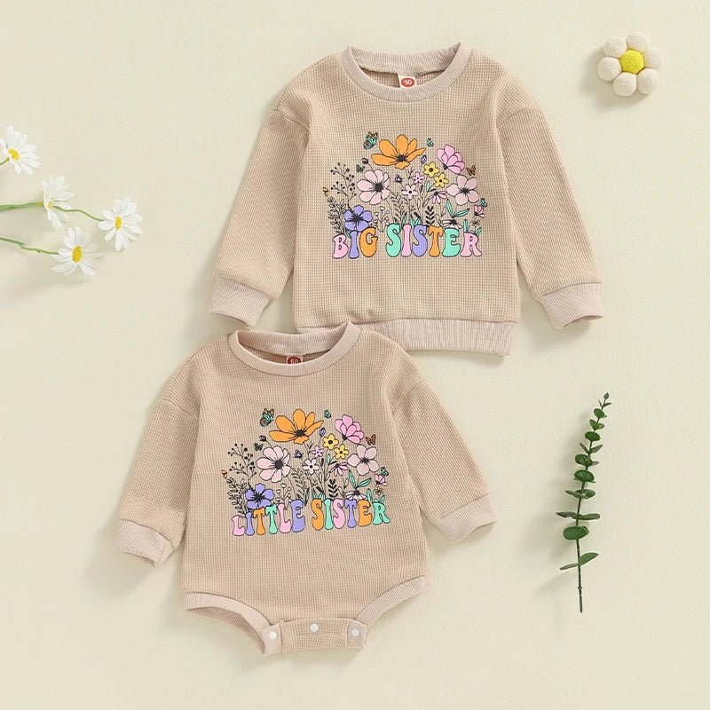 Baby Girls Little Sister Romper Long Sleeve Crew Neck Flower Letters Print Bodysuit