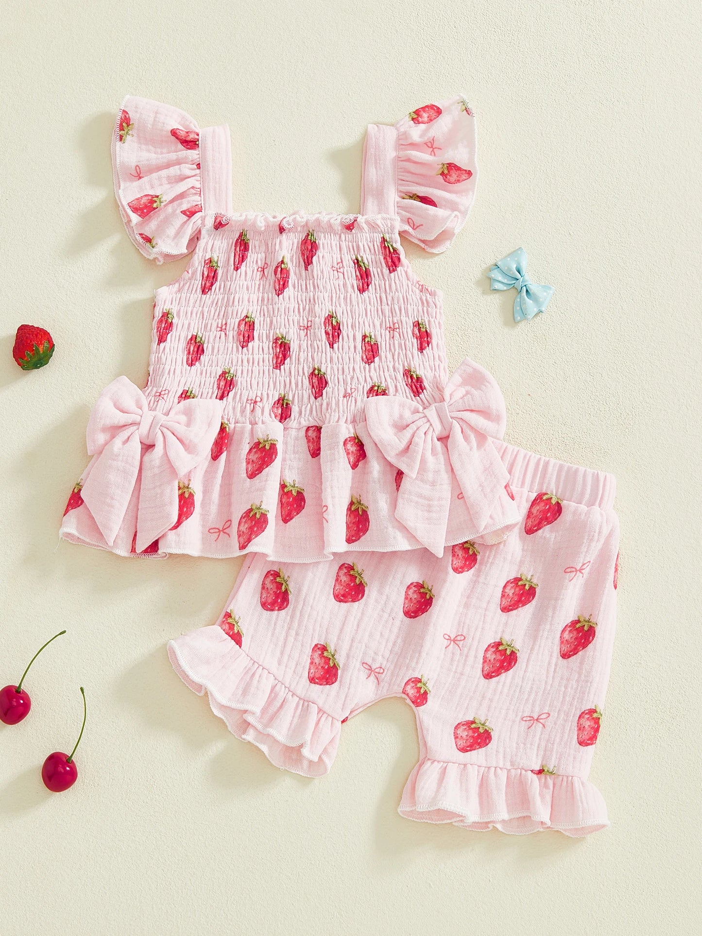 Baby Toddler Girl 2Pcs Summer Outfits Ruffle Sleeveless Cherries Fruit Print Smocked Top Shorts Set Clothes