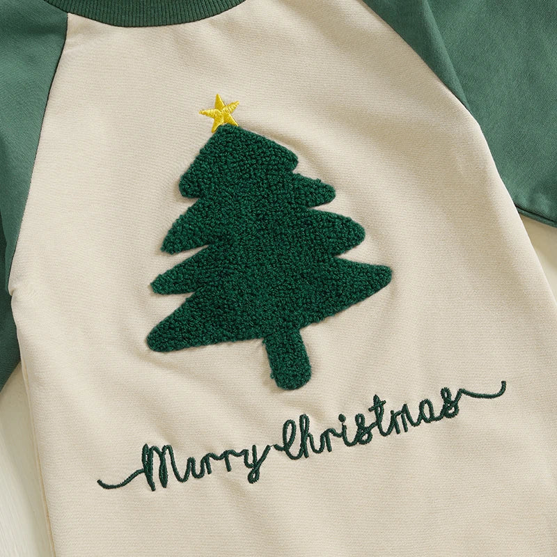 Baby Boy Merry Christmas Jumpsuit Christmas Tree Letter Embroidered Round Neck Raglan Long Sleeve Romper