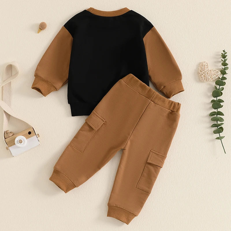 Baby Toddler Boy 2Pcs Outfit Long Sleeve Contrast Color Top + Cargo Pants Fall Winter Jogger Set