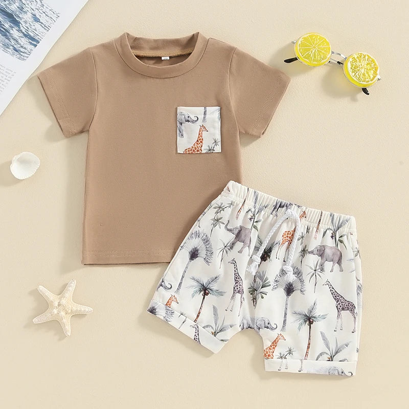 Baby Toddler Boys 2Pcs Summer Outfits Animal Elephant Giraffe Plam Tree Print Short Sleeve Top and Elastic Shorts Vacation Clothes Set