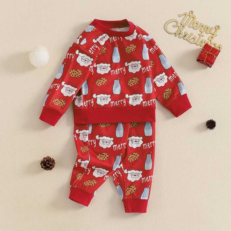 Baby Toddler Boys Girls 2Pcs Christmas Jogger Set Long Sleeve Round Neck Milk Cookies Merry Santa Claus Print Top Pants Outfit