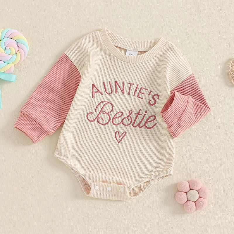 Baby Girls Auntie's Bestie Long Sleeve Embroidery Letters Heart Romper Waffle Bodysuit