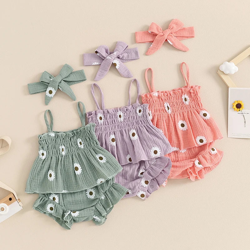 Baby Girls 3Pcs Shorts Set Spaghetti Straps Pleated Flower Print Camisole Top with Shorts Hairband Summer Outfit