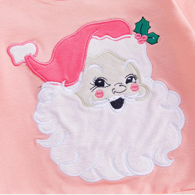 Baby Toddler Girl 2Pcs Christmas Outfit Santa Embroidery Long Sleeve Crewneck Top and Flare Pants Set