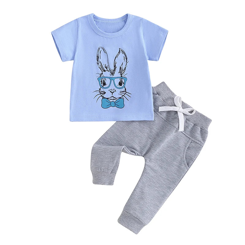 Baby Toddler Boy 2Pcs Easter Clothes Outfit Bunny Glasses Print Short Sleeve T-Shirt Top Elastic Waist Long Pants Set