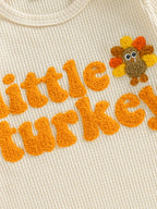 Baby Boys Girls 2Pcs Little Turkey Thanksgiving Outfit Long Sleeve Crew Neck Letter Turkey Embroidery Full Length Romper with Hat Set