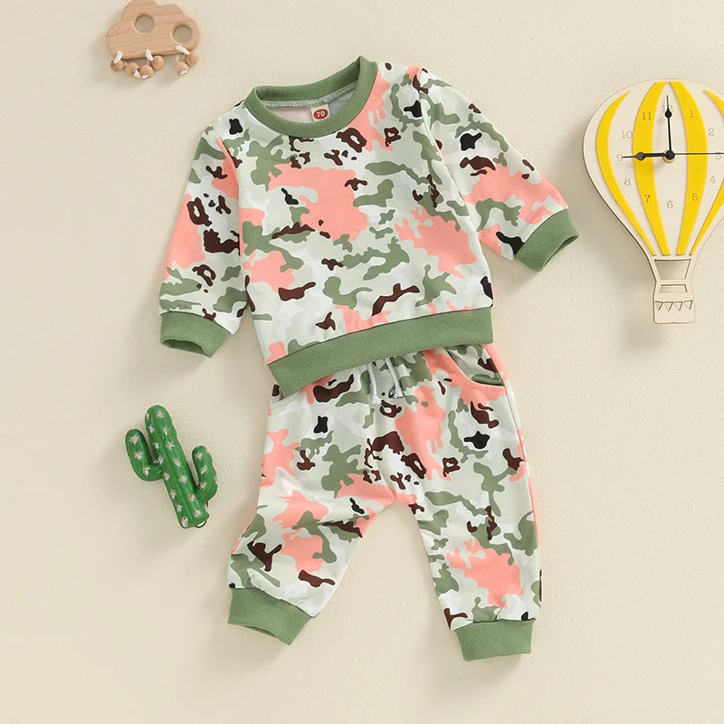 Baby Toddler Girls Boys 2Pcs Camouflage Print Long Sleeve Top with Long Pants Outfit Set