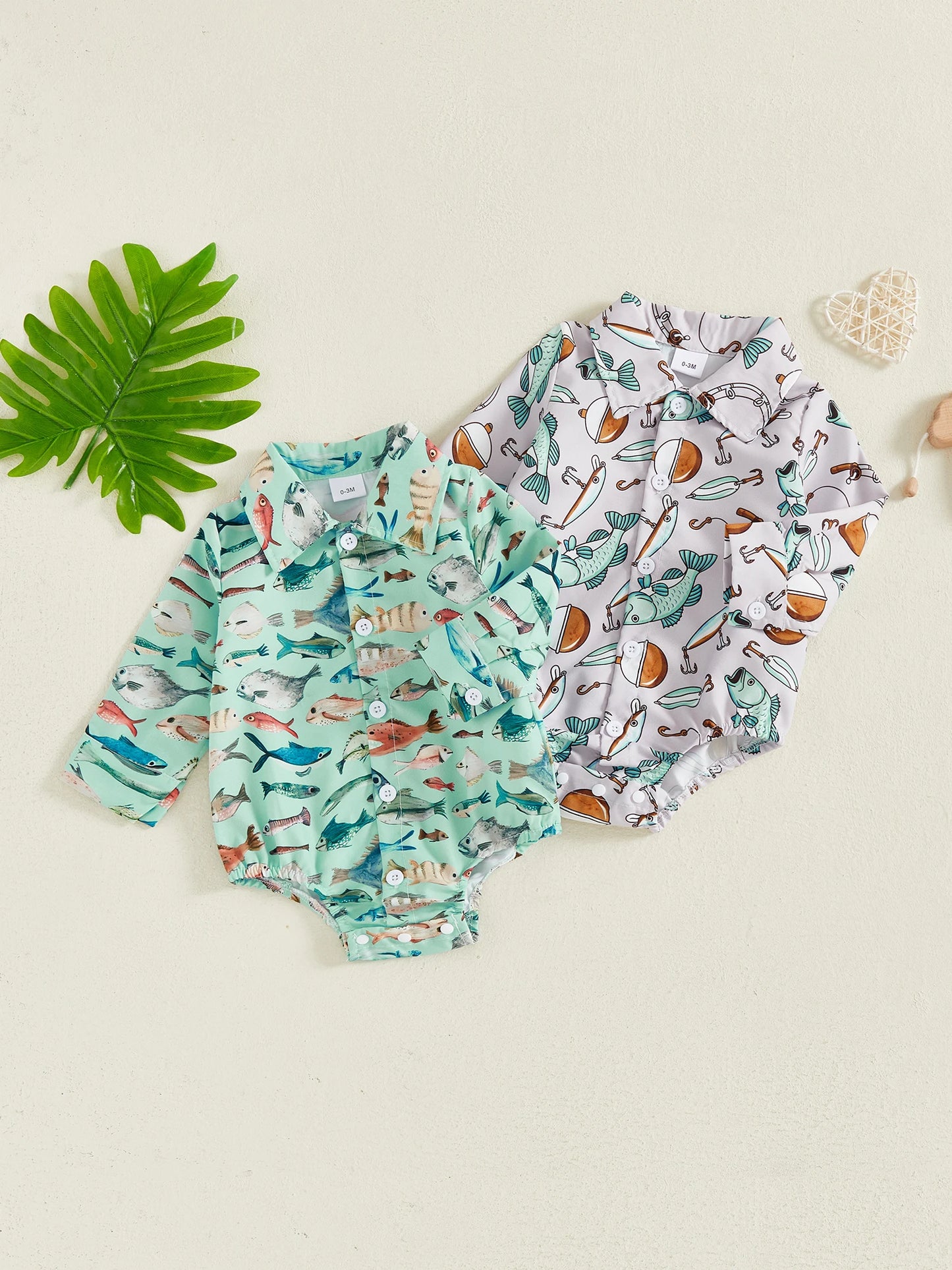 Baby Boys Girls Romper Long Sleeve Lapel Collar Fish Print Bodysuit Fall Playsuit