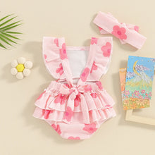 Load image into Gallery viewer, Baby Girl 2Pcs Fly Sleeve Ruffle Floral Flower Print Tank Top Romper Jumpsuit with Headband Set
