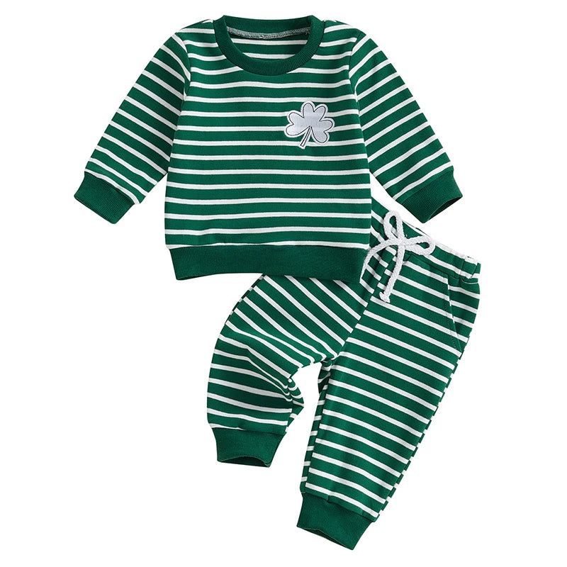 Baby Toddler Boys 2Pcs St. Patrick's Day Outfit Clover Embroidered Striped Long Sleeve Crewneck Top Joggers Pants Set