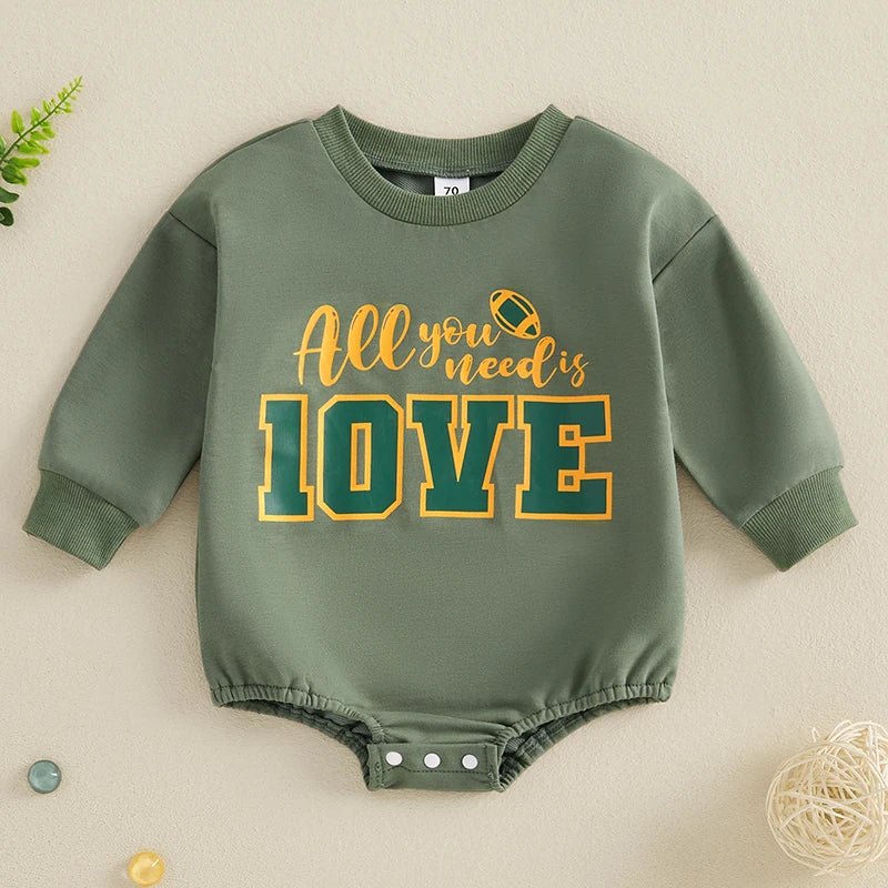 Baby Boys Girls All You Need Is Love 10VE Bubble Romper Football Letter Print Long Sleeve Round Neck Fall Jumpsuit