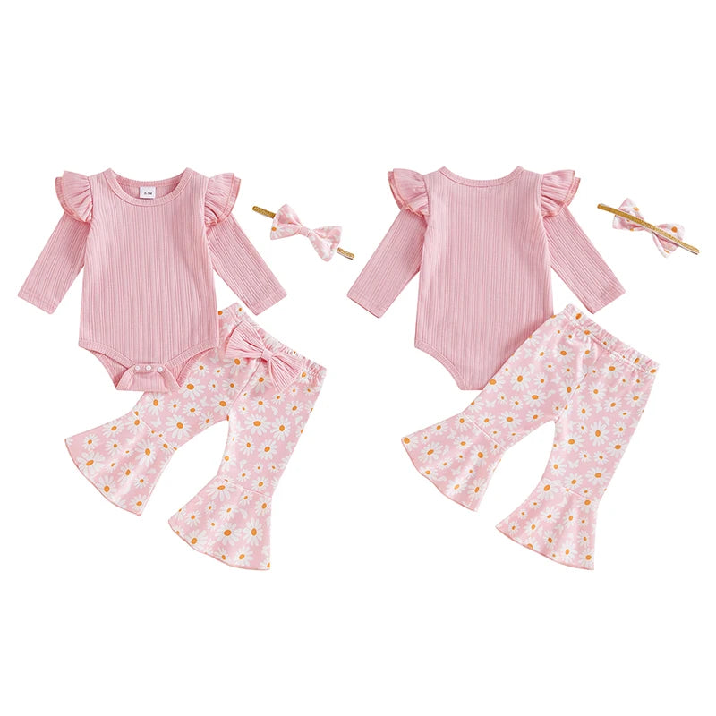 Baby Girl 3Pcs Fall Outfit Long Sleeve Ribbed Romper Daisy Flower Flare Pants Bow Headband Set