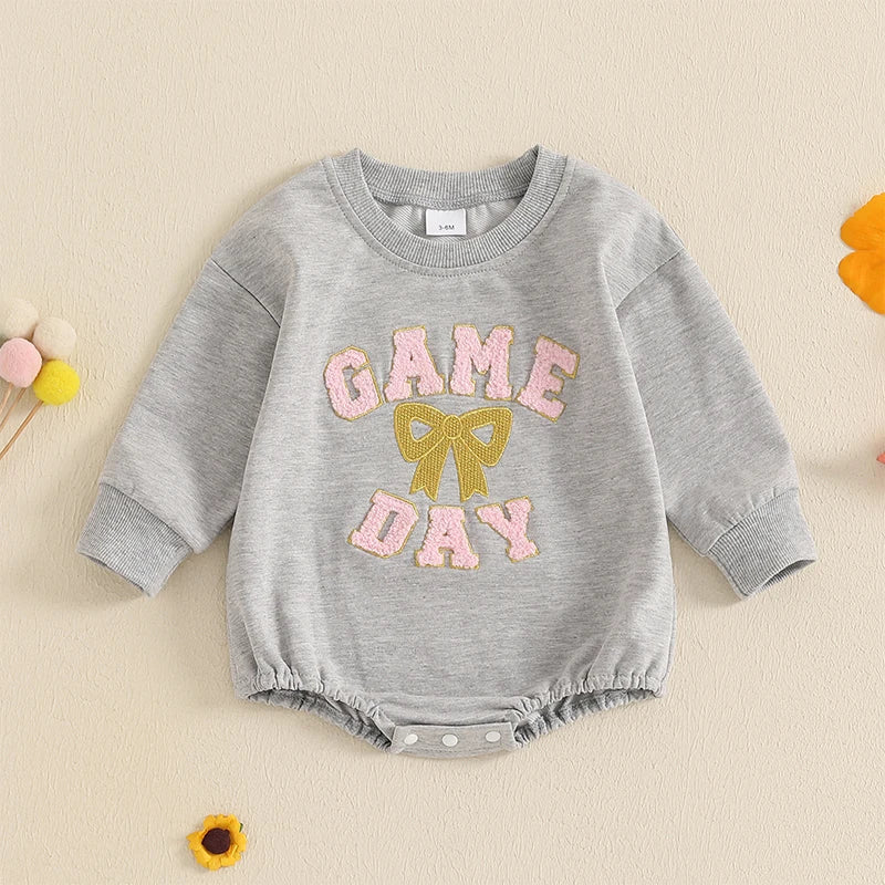 Baby Girl Game Day Bubble Romper Bow Letter Embroidery Long Sleeve Crew Neck Football Jumpsuit for Fall