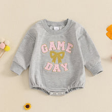 Load image into Gallery viewer, Baby Girl Game Day Bubble Romper Bow Letter Embroidery Long Sleeve Crew Neck Football Jumpsuit for Fall
