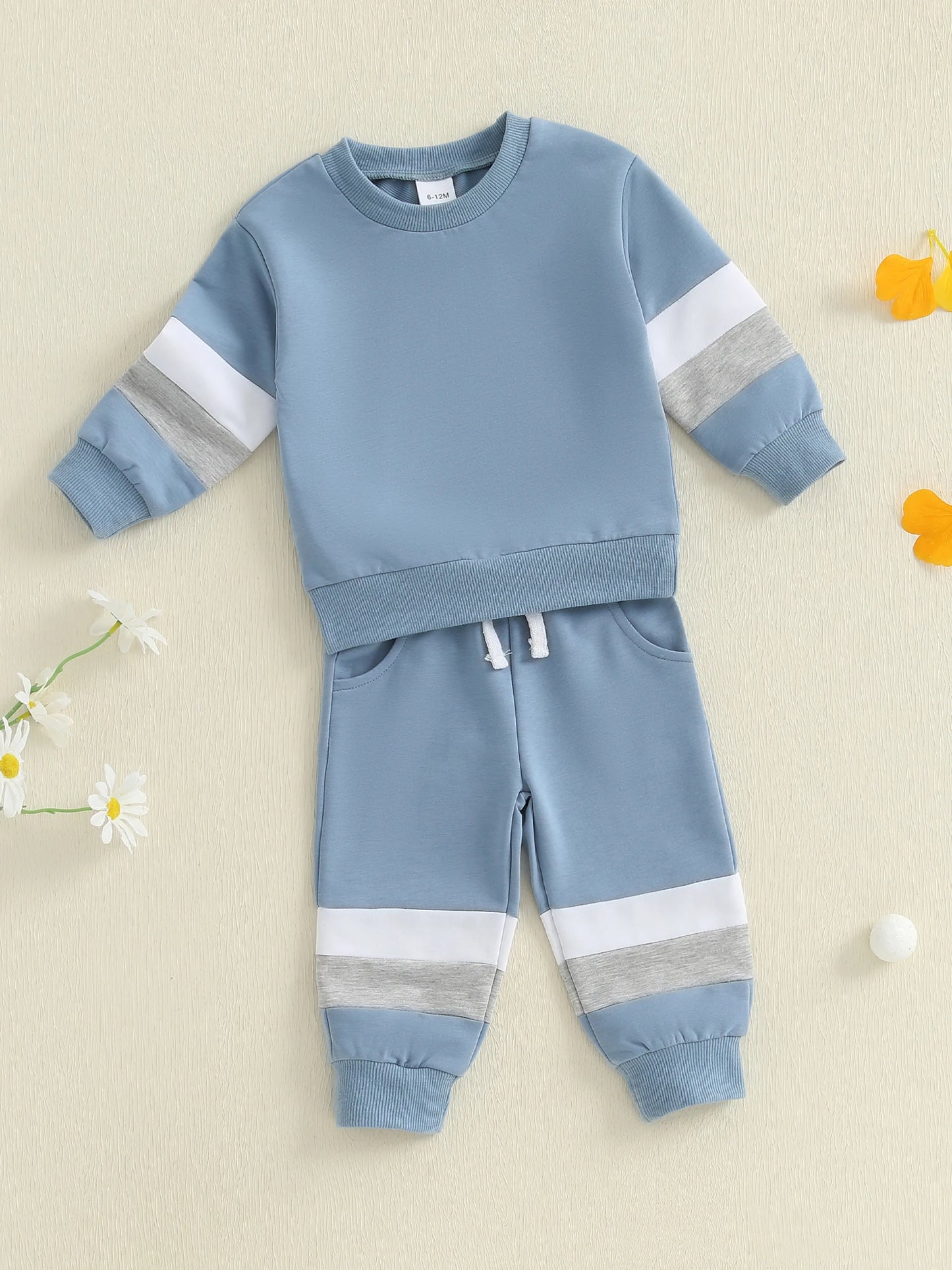 Baby Toddler Boys 2Pcs Casual Clothes Set Color Patchwork Long Sleeve Pullover Top with Elastic Waist Jogger Pants