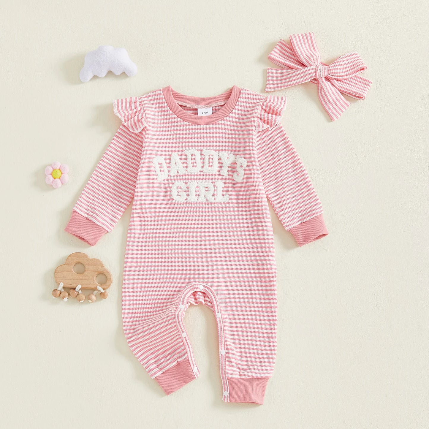 Baby Girls 2Pcs Daddy's Girl Striped Romper Letter Embroidery Ruffled Long Sleeves Jumpsuits and Cute Headband Set