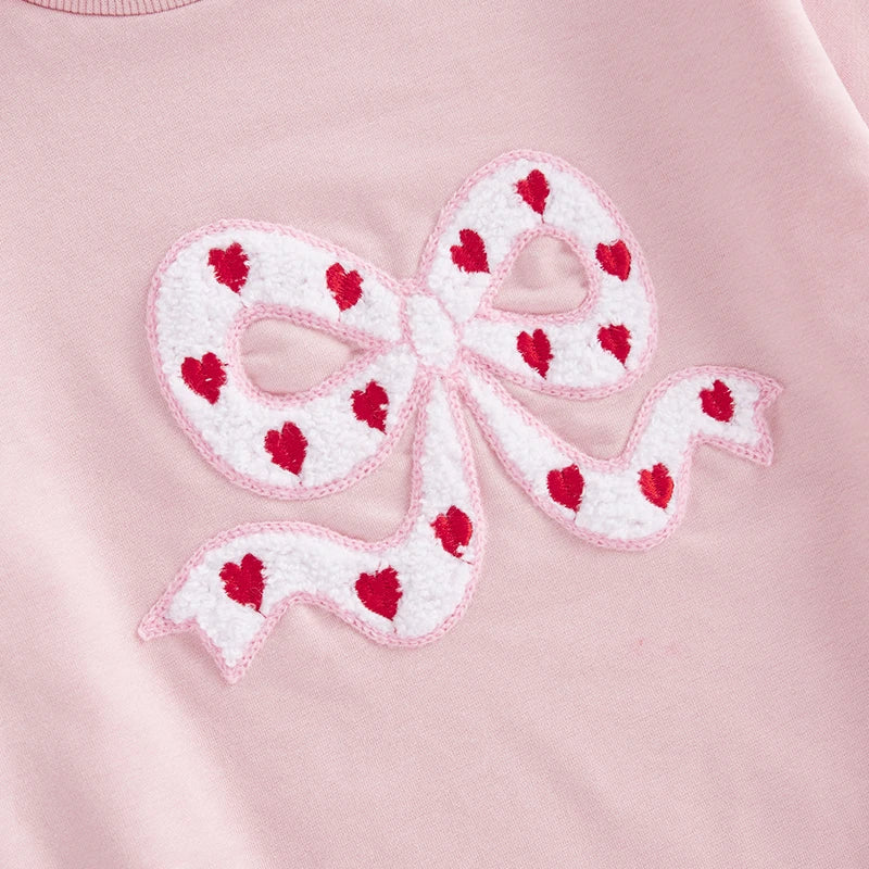 Baby Girl Bubble Romper Heart Bow Embroidery Long Sleeve Crew Neck Valentine's Day Jumpsuit