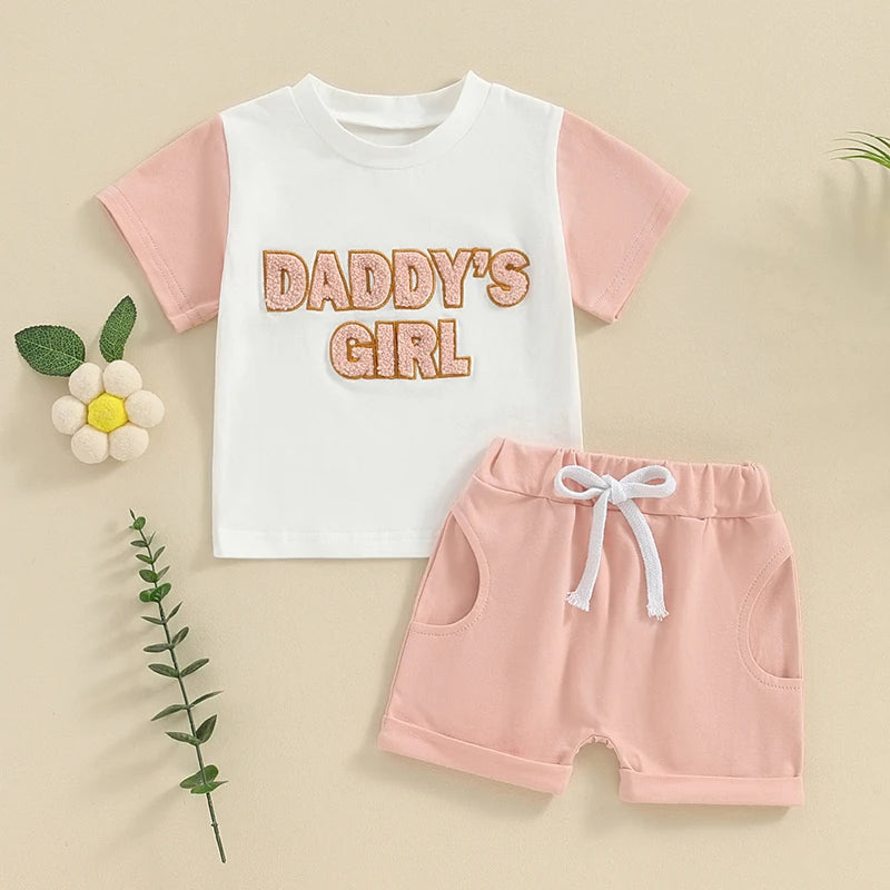 Toddler Baby Girls 2Pcs Daddy's Girl Spring Summer Set Fuzzy Letter Embroidery Short Sleeve Top Drawstring Shorts Outfit